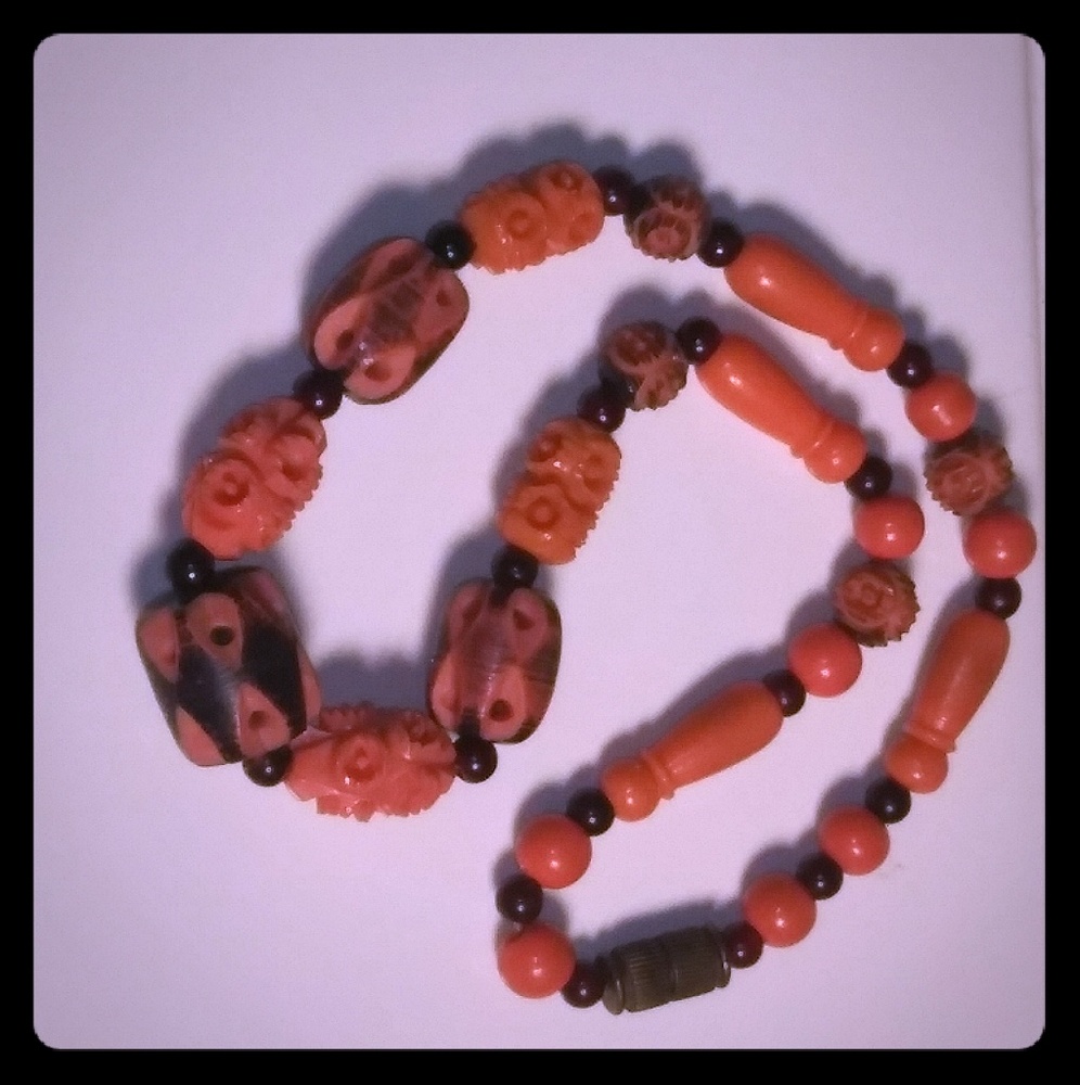 Vintage Carved Galalith Beaded Necklace